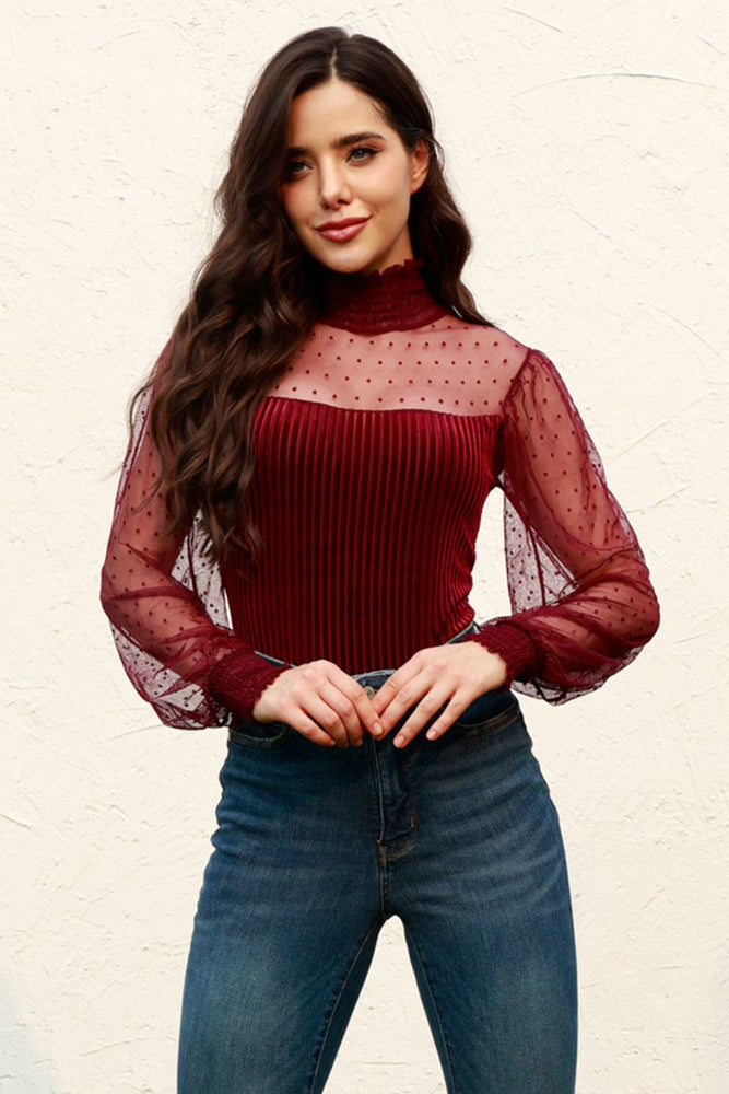 Colors Mesh Long Sleeve Velvet Bodysuit- 3 Colors