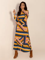 Contrast Round Neck Flare Sleeve Midi Dress