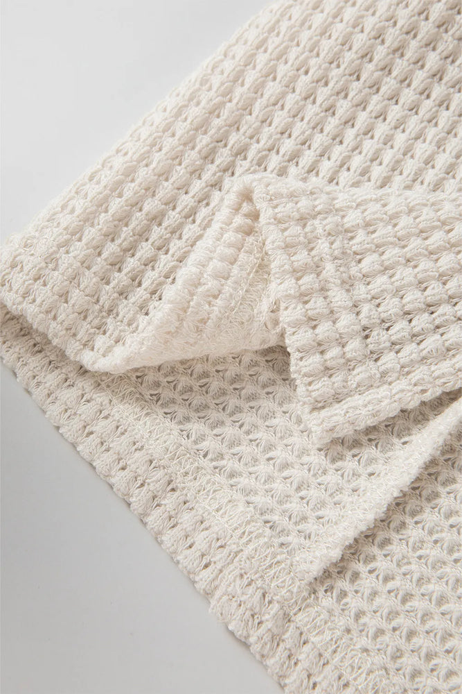 Oversized Waffle-Knit Slit Round Neck Long Sleeve Top