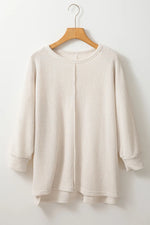 Oversized Waffle-Knit Slit Round Neck Long Sleeve Top