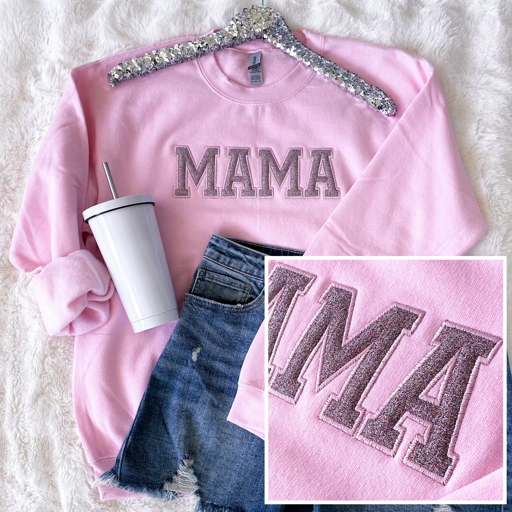 PREORDER: Mama Embroidered Glitter Sweatshirt in Pink