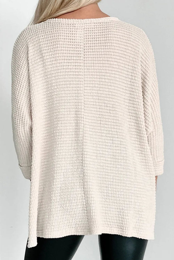 Oversized Waffle-Knit Slit Round Neck Long Sleeve Top