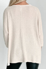 Oversized Waffle-Knit Slit Round Neck Long Sleeve Top