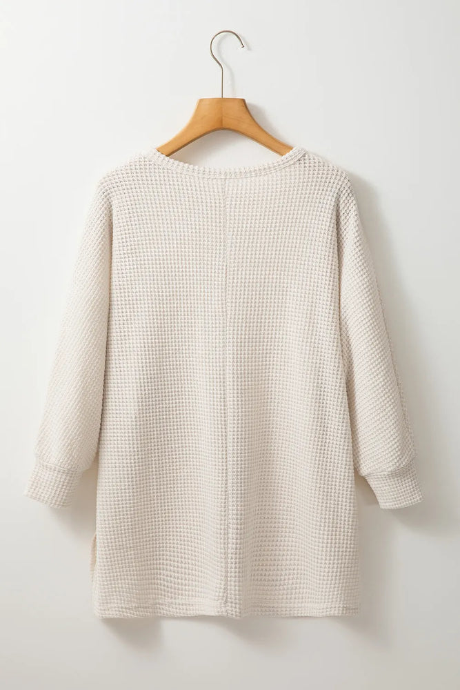 Oversized Waffle-Knit Slit Round Neck Long Sleeve Top