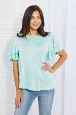 Culture Code Mi Amor Full Size Round Neck Ruffle sleeve length Top in Blue