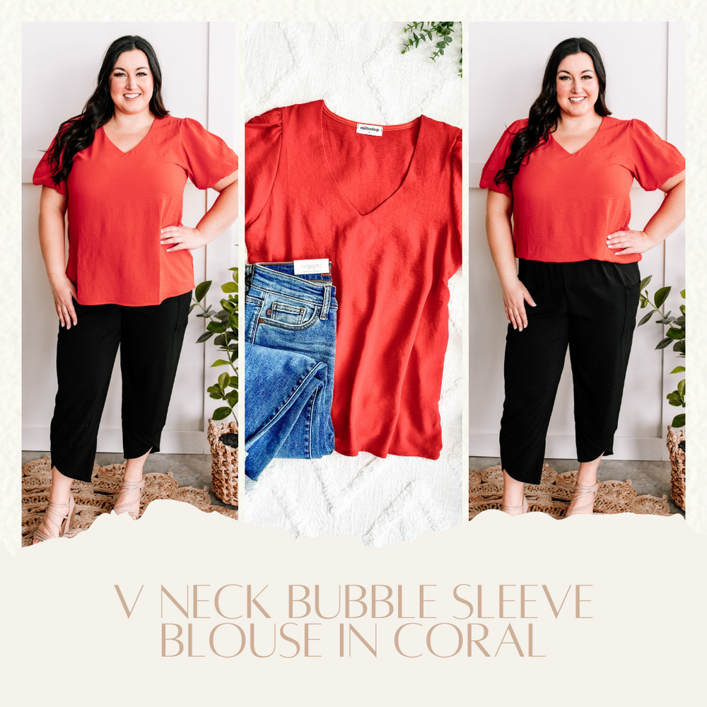 V Neck Bubble Sleeve Blouse In Coral