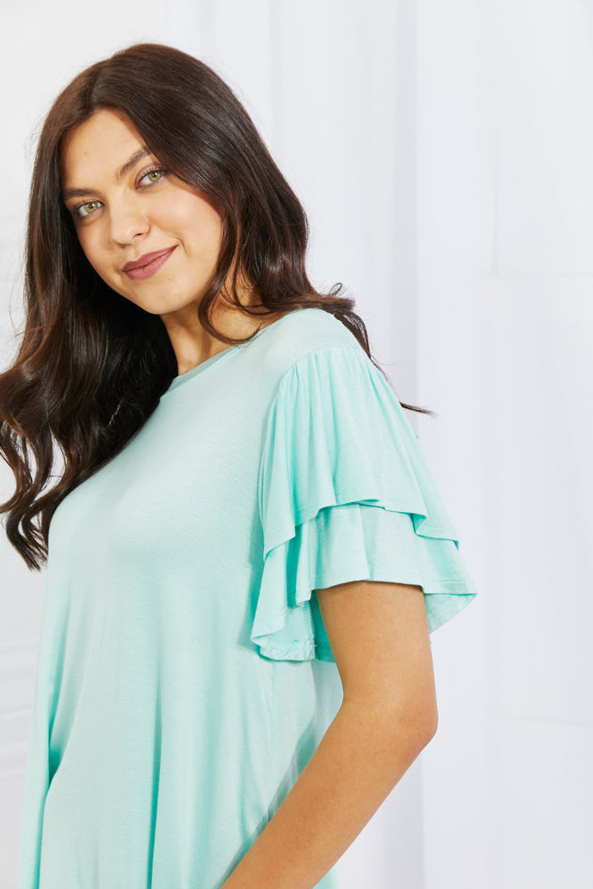 Culture Code Mi Amor Full Size Round Neck Ruffle sleeve length Top in Blue