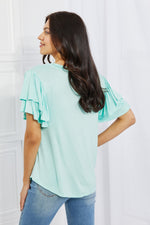 Culture Code Mi Amor Full Size Round Neck Ruffle sleeve length Top in Blue