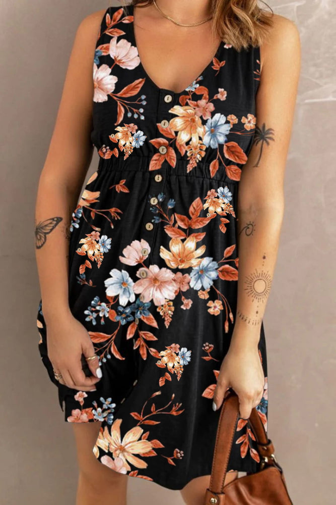 Printed Scoop Neck Sleeveless Buttoned Magic Dress with Pockets