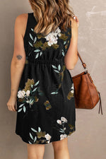 Printed Scoop Neck Sleeveless Buttoned Magic Dress with Pockets
