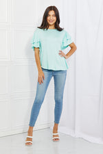Culture Code Mi Amor Full Size Round Neck Ruffle sleeve length Top in Blue