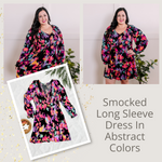 Smocked Long Sleeve Dress In Abstract Colors