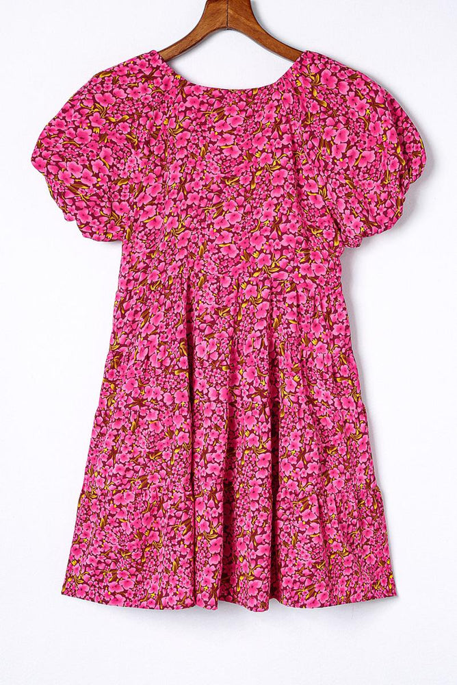 Floral Print Puff Sleeve V Neck Mini Dress