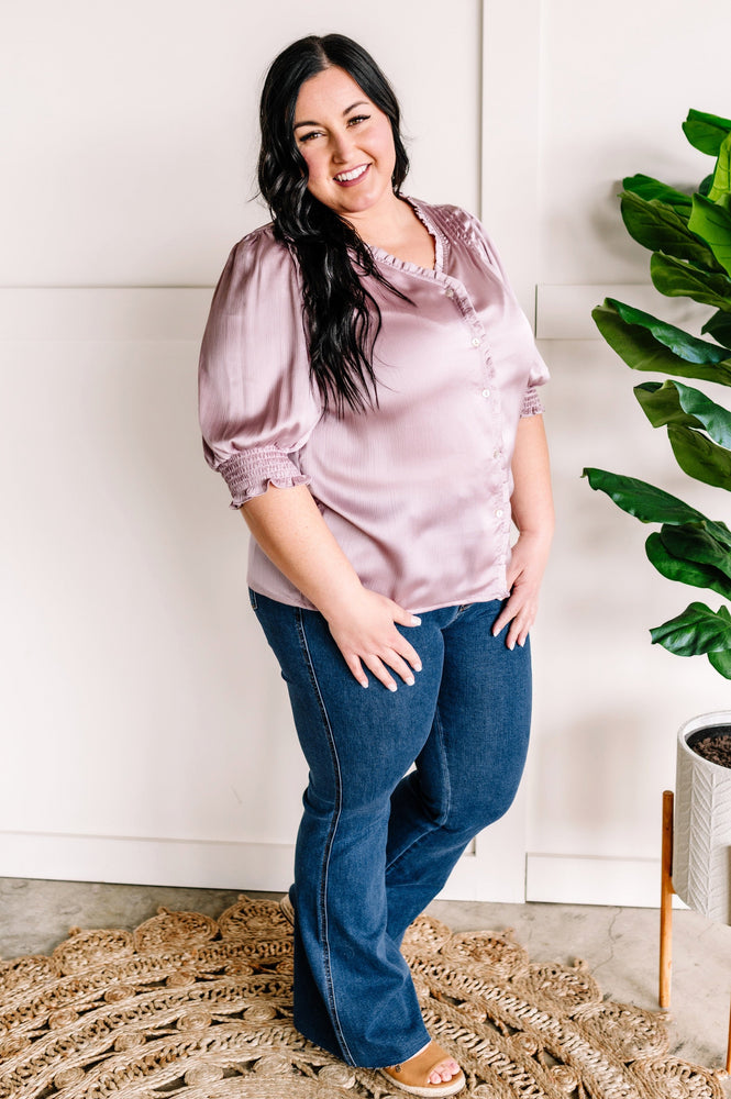 Puff Sleeve Silky Blouse With Ruffle Detail In Soft Lilac