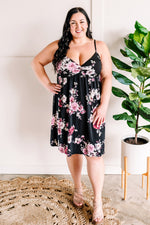 Twist Front Babydoll Dress In Black & Pink Florals