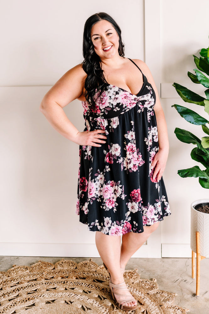 Twist Front Babydoll Dress In Black & Pink Florals