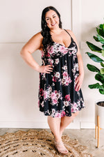 Twist Front Babydoll Dress In Black & Pink Florals