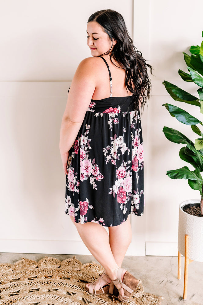 Twist Front Babydoll Dress In Black & Pink Florals