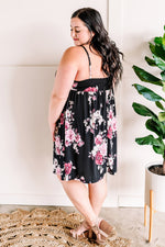 Twist Front Babydoll Dress In Black & Pink Florals