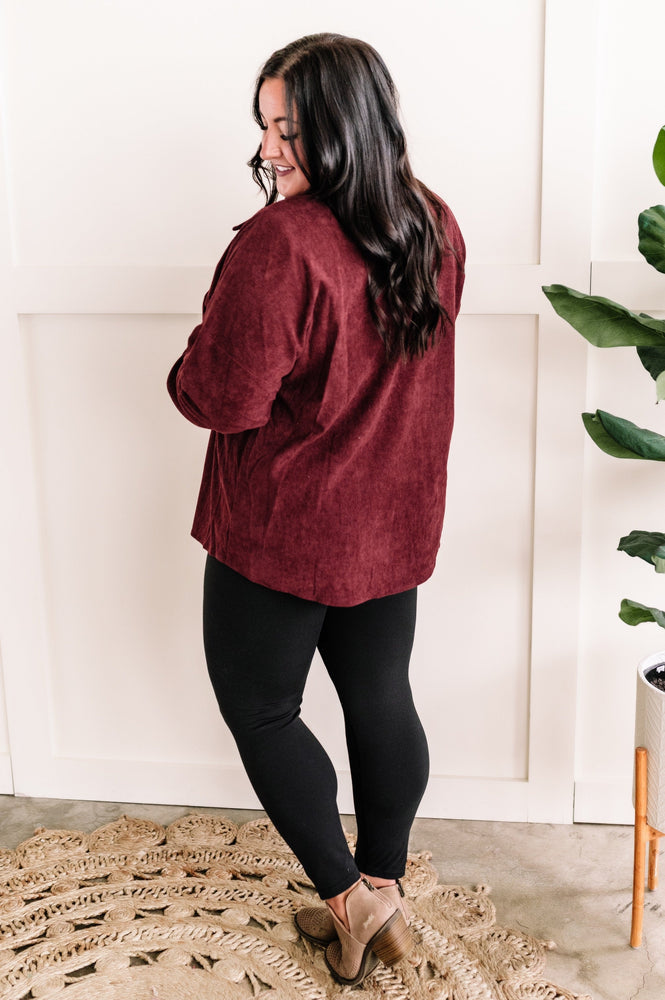 Long Sleeve Button Front Corduroy Top In Wine