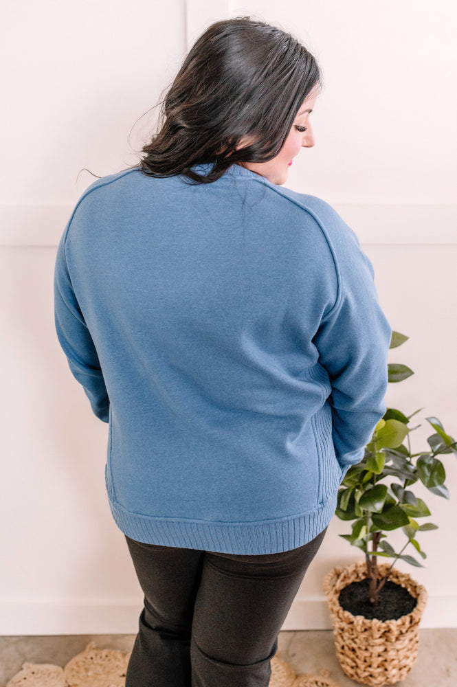 Crewneck Pullover With Sweater Knit Detail In Dusty Blue