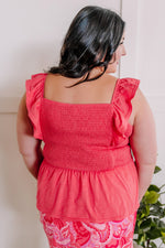 Smocked Sleeveless Top With Ruffle Shoulder Detail In Watermelon