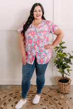 Faux Button Front Blouse In Pink Fairytale Florals