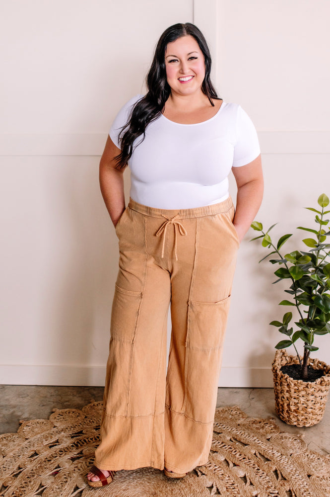 Soft, Wide Leg Cargo Pants With Pockets In Muted Marigold