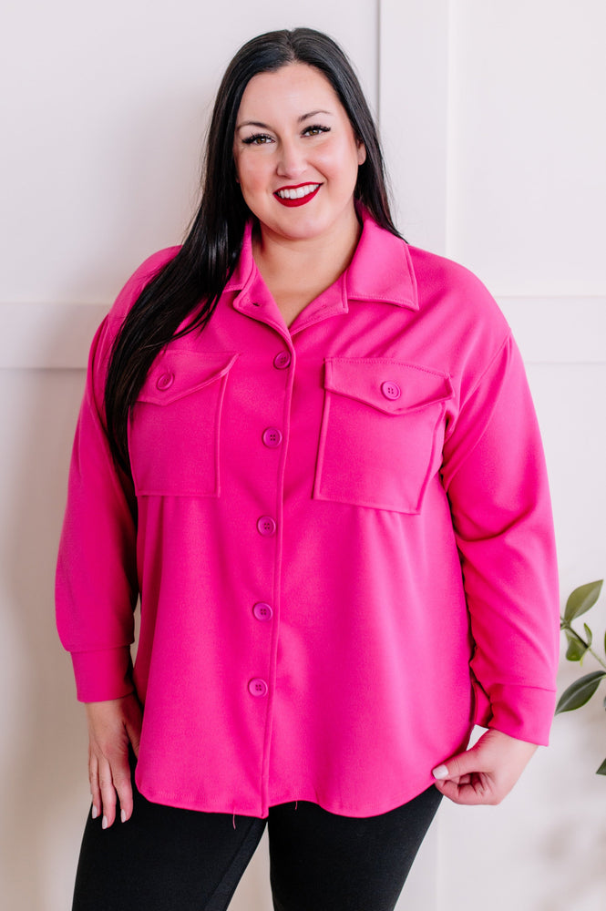 Button Down Stretchy Shacket In Malibu Pink