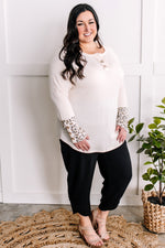 Button Front Pointelle Henley With Leopard Print Sleeves In Cream
