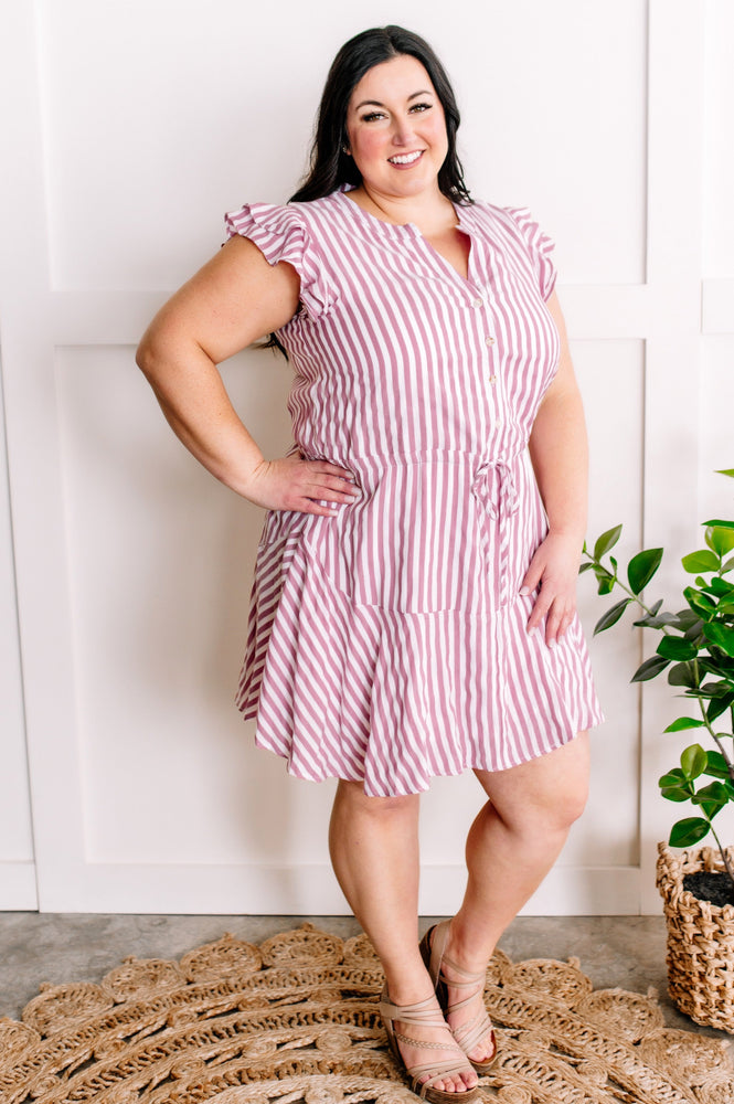 Striped Fit & Flare Dress In Candy Pink