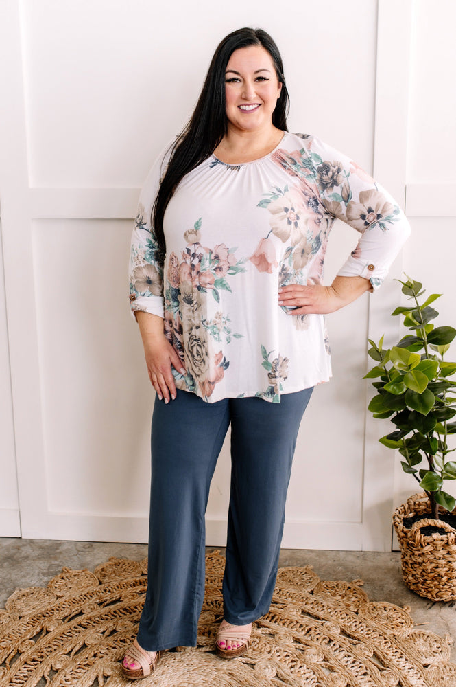Three-Quarter Sleeve Top With Button Detail In Ivory Florals