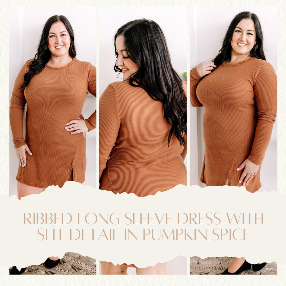 Ribbed Long Sleeve Dress With Slit Detail In Pumpkin Spice
