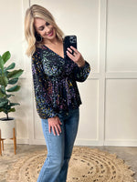 Black Surplice Top With Belt In Colorful Classical Dots