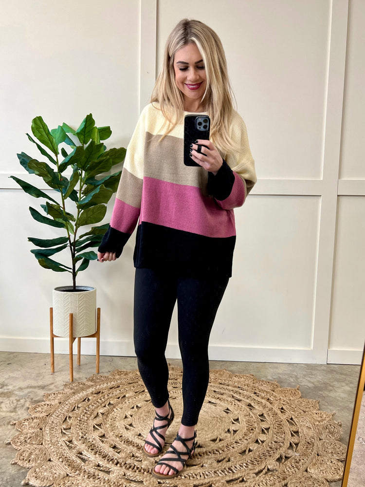 Ivory, Mocha, Berry, & Black Color Block Sweater