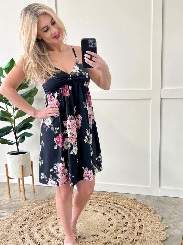 Twist Front Babydoll Dress In Black & Pink Florals