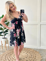 Twist Front Babydoll Dress In Black & Pink Florals