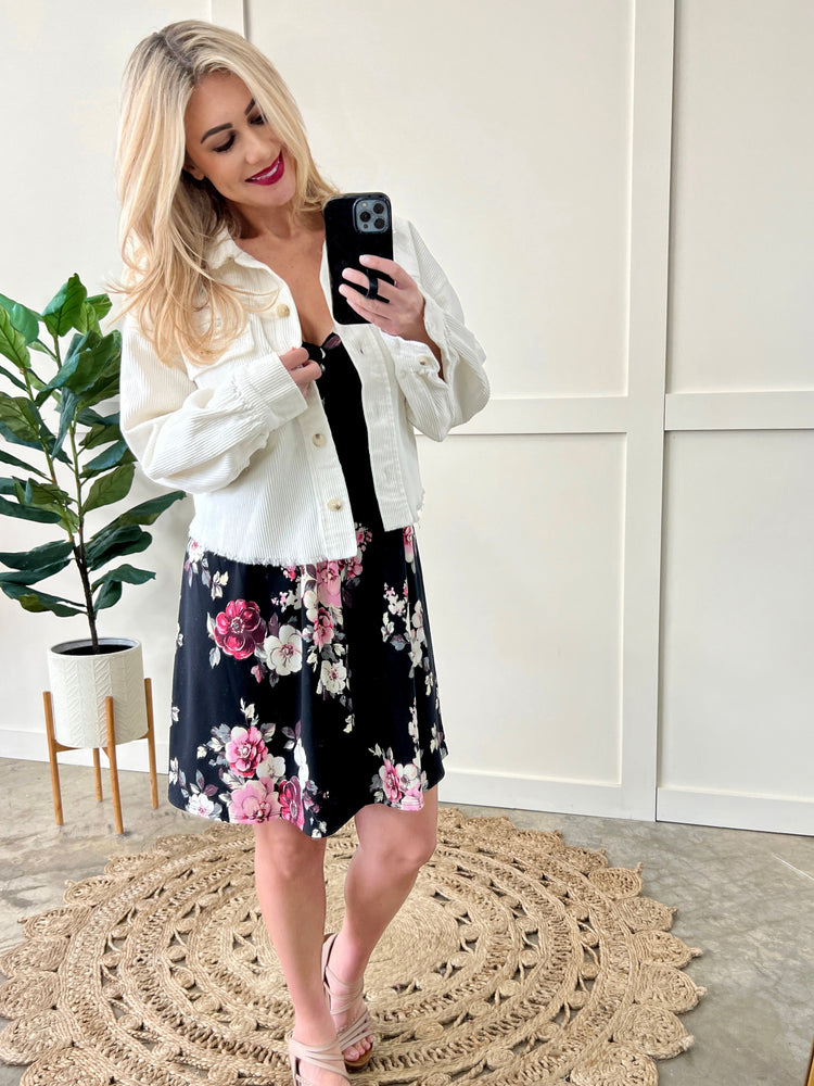 Twist Front Babydoll Dress In Black & Pink Florals