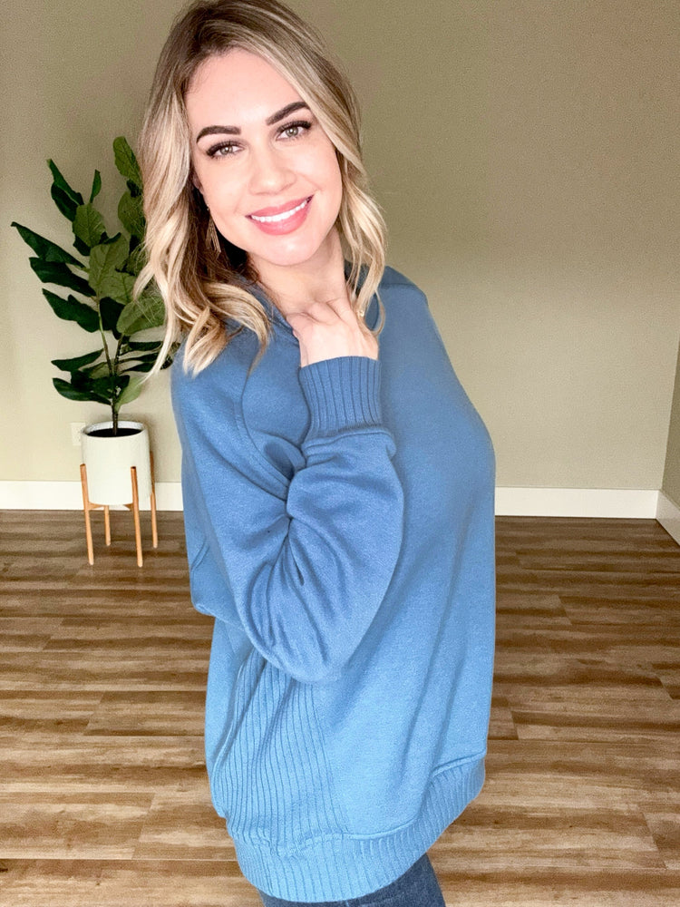 Crewneck Pullover With Sweater Knit Detail In Dusty Blue