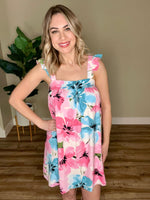Emily Wonder Flutter Sleeve Dress In Bright Pink & Blue Florals