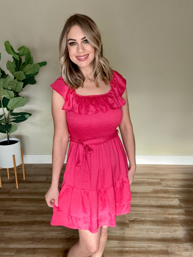 Tiered Smocked Dress With Belt In Bright Spanish Pink