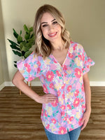 Faux Button Front Blouse In Pink Fairytale Florals