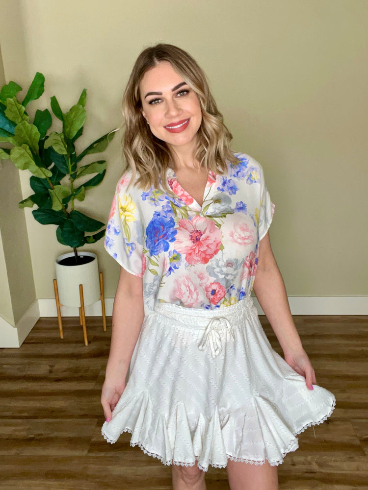Ivory Floral Gabby Style Blouse With Side Slit