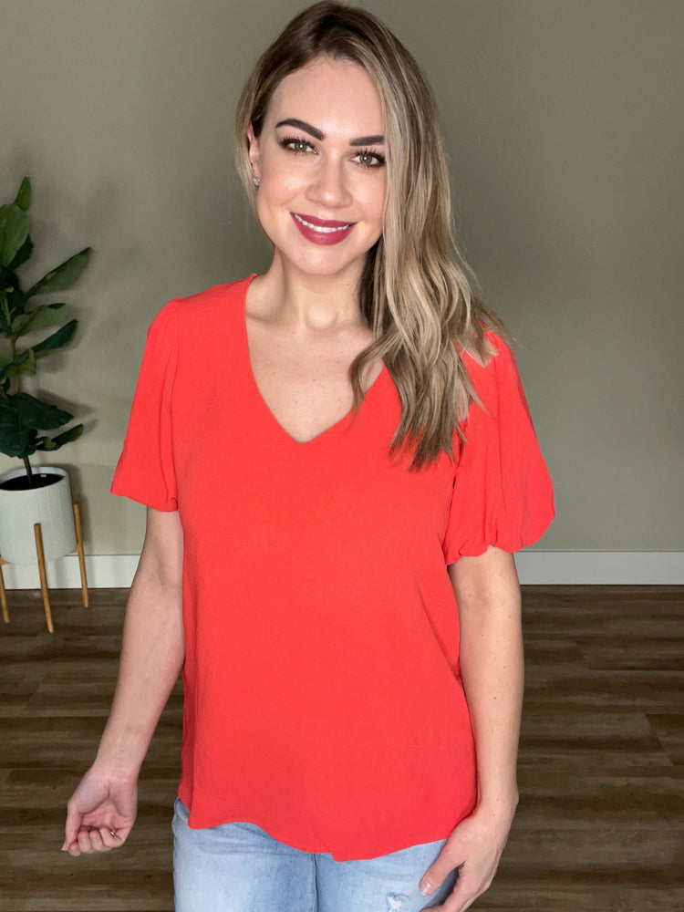 V Neck Bubble Sleeve Blouse In Coral