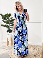 Navy Surplice Floral Maxi Dress With Tie Belt Detail In Blue Watercolors