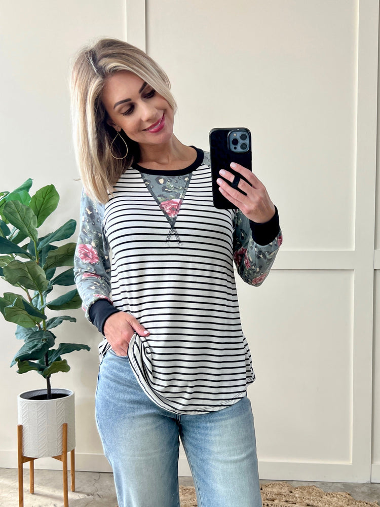 Raglan Sleeve Rose and Leopard Contrast Top In Black & White Stripes