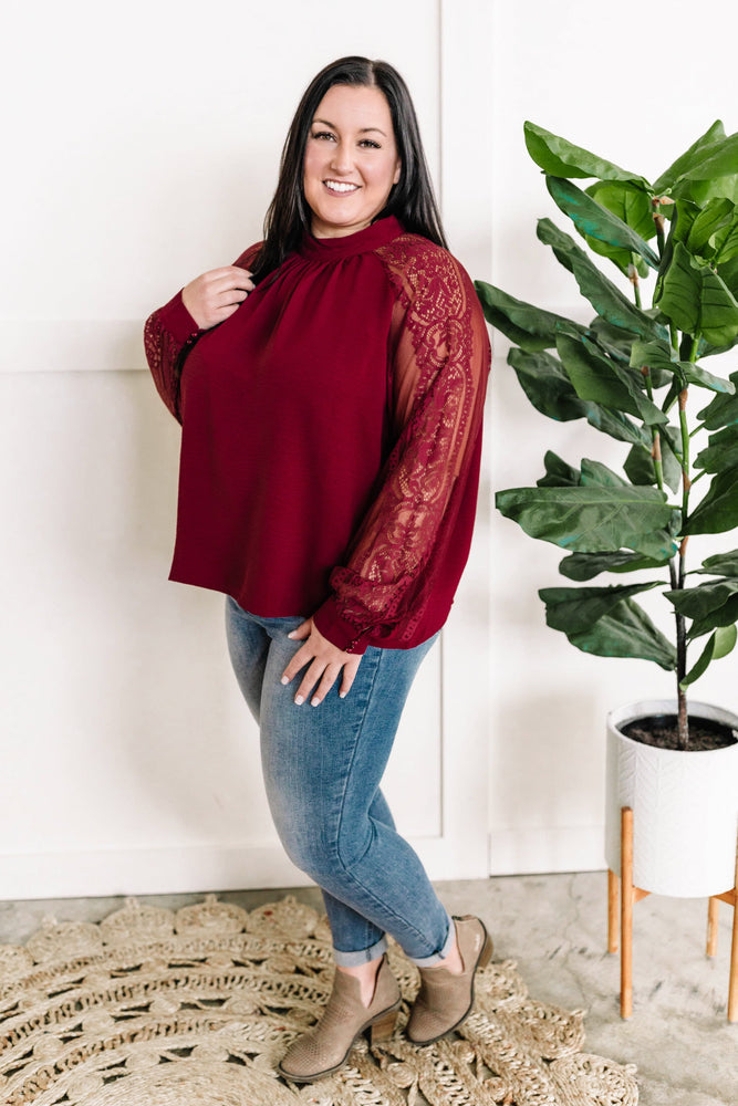 Mock Neck Blouse With Lace Detailed Sleeves In Berry