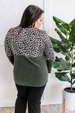Olive Color Block Top In Snow Leopard