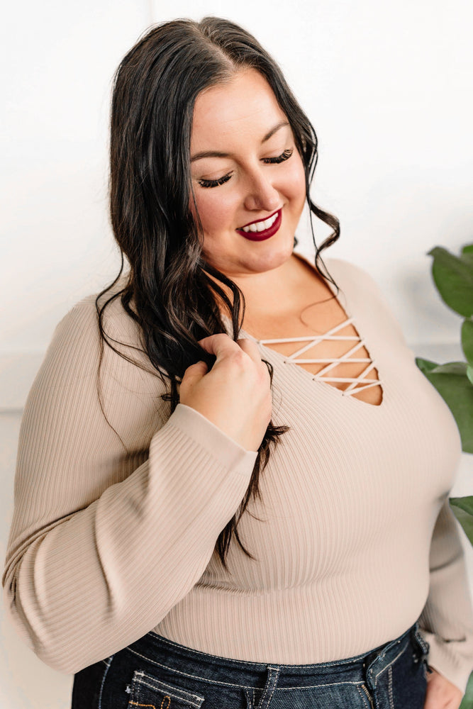 Lace Up Long Sleeve Bodysuit In Taupe