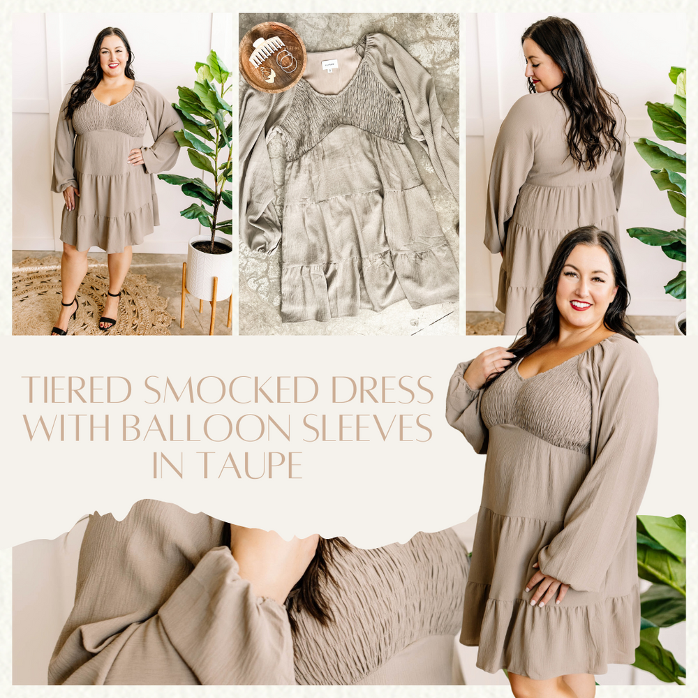 Tiered Smocked Dress With Balloon Sleeves In Taupe
